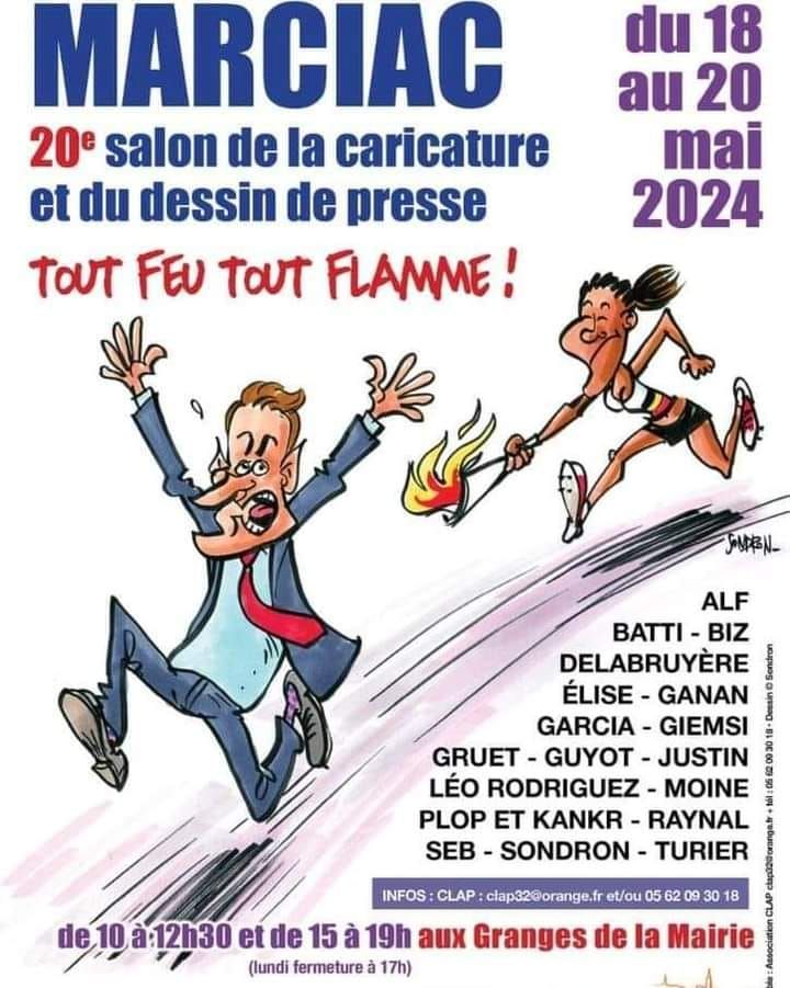 L'affiche du 20e salon Tout Feu Tout flamme, où une athlète court après Emmanuel Macron en tendant vers lui la flamme olympique